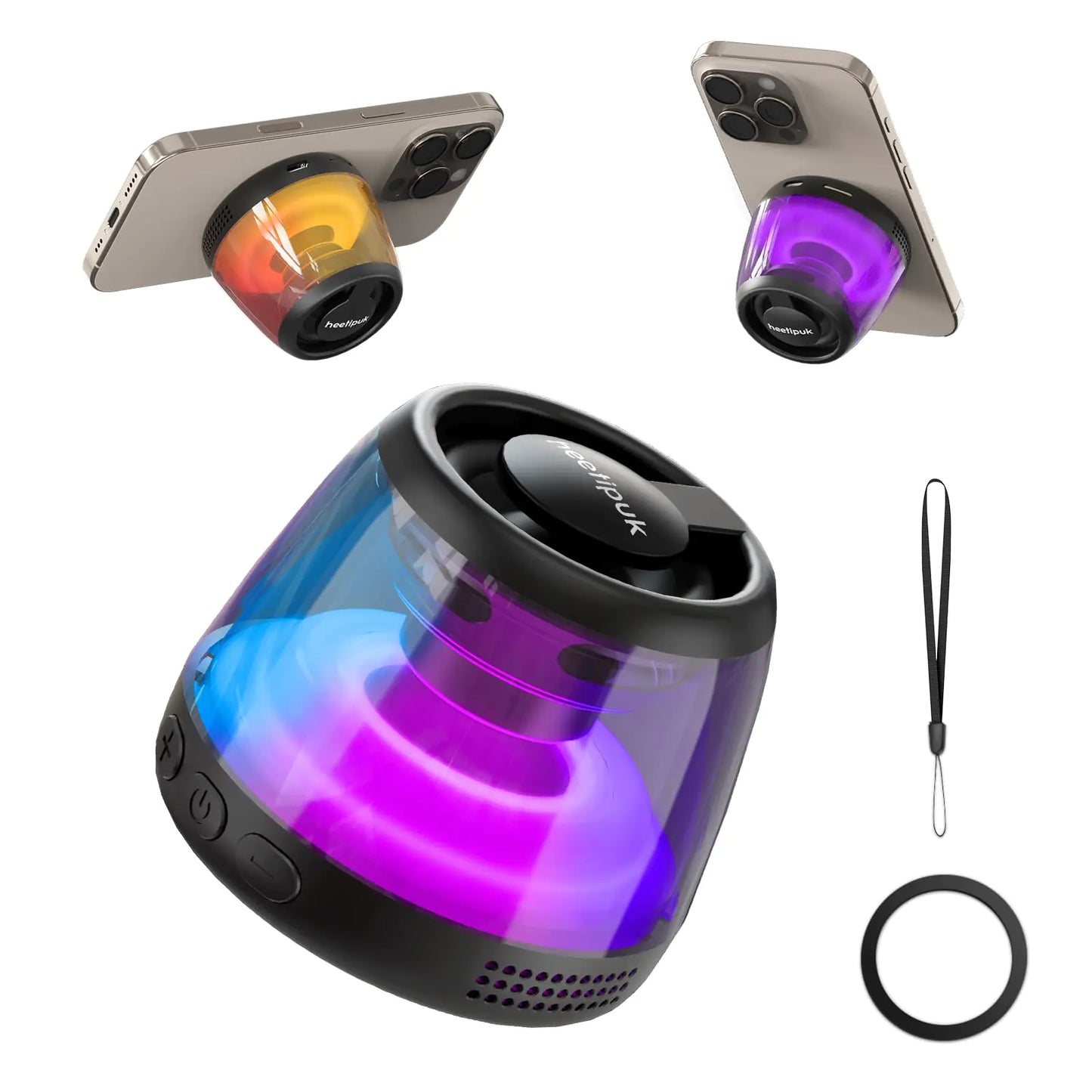 heetipuk Magnetic Bluetooth Speaker Mini Portable Phone Stand with Lanyard 5W Inner Magnetic Speaker& Multi RGB Light Gifted Magnetic Ring for Phone Case TF Card PlayingPortable Speaker Bluetooth
