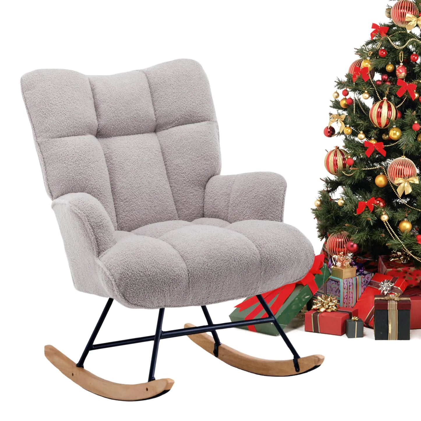 Zedachica Rocking Chair Nursery Teddy Upholstered Glider Rocker Rocking Accent Chair Padded Seat with High Backrest Armchair Comfy Side Chair for Living Room Bedroom Offices (Grey Teddy)