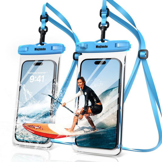 Mojimdo Waterproof Phone Pouch 8 IPX8 Waterproof Phone Case with Lanyard Protector for iPhone 15 14 13 12 11 Pro Max XR XS 8 7 Plus Samsung Galaxy Cellphone Dry Bag for Beach - 2 Pack/Blue