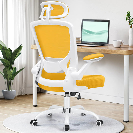 KERDOM Ergonomic Office Chair Breathable Mesh Desk Chair Lumbar Support Computer Chair with Headrest and Flip-up Arms Swivel Task Chair Adjustable Height Gaming Chair Yellow