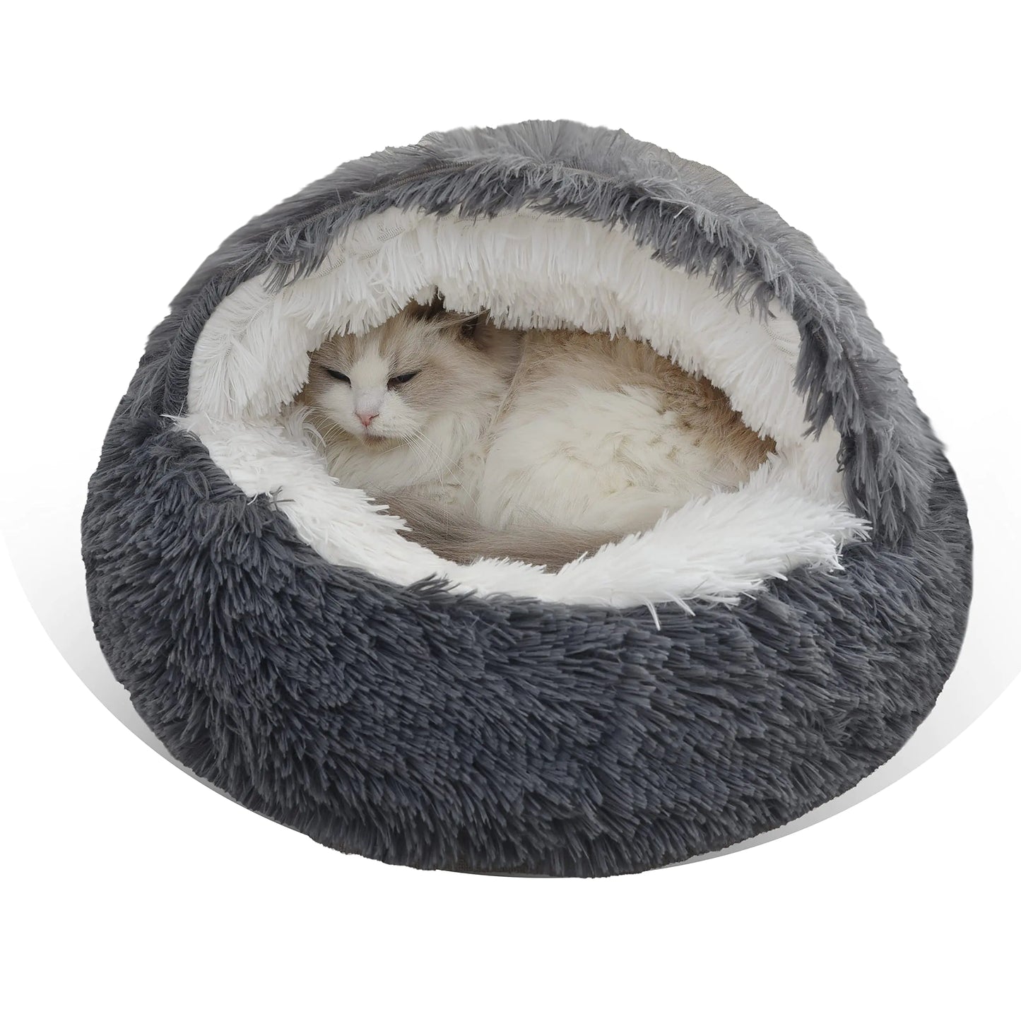 Gavenia Cat Bed Round Fluffy Hooded Cat Bed Cave with Non-collapsed Plush CoverCat Bed Donut for Indoor CatsCalming Dog Beds&CatAnti-Slip&Waterproof BottomWashable Bed20inchDark Grey