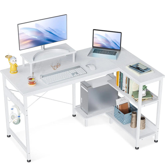 ODK 47 Inch Small L Shaped Computer Desk with Reversible Storage Shelves L-Shaped Corner Desk with Monitor Stand for Small Space Modern Simple Writing Table for Home Office Workstation White