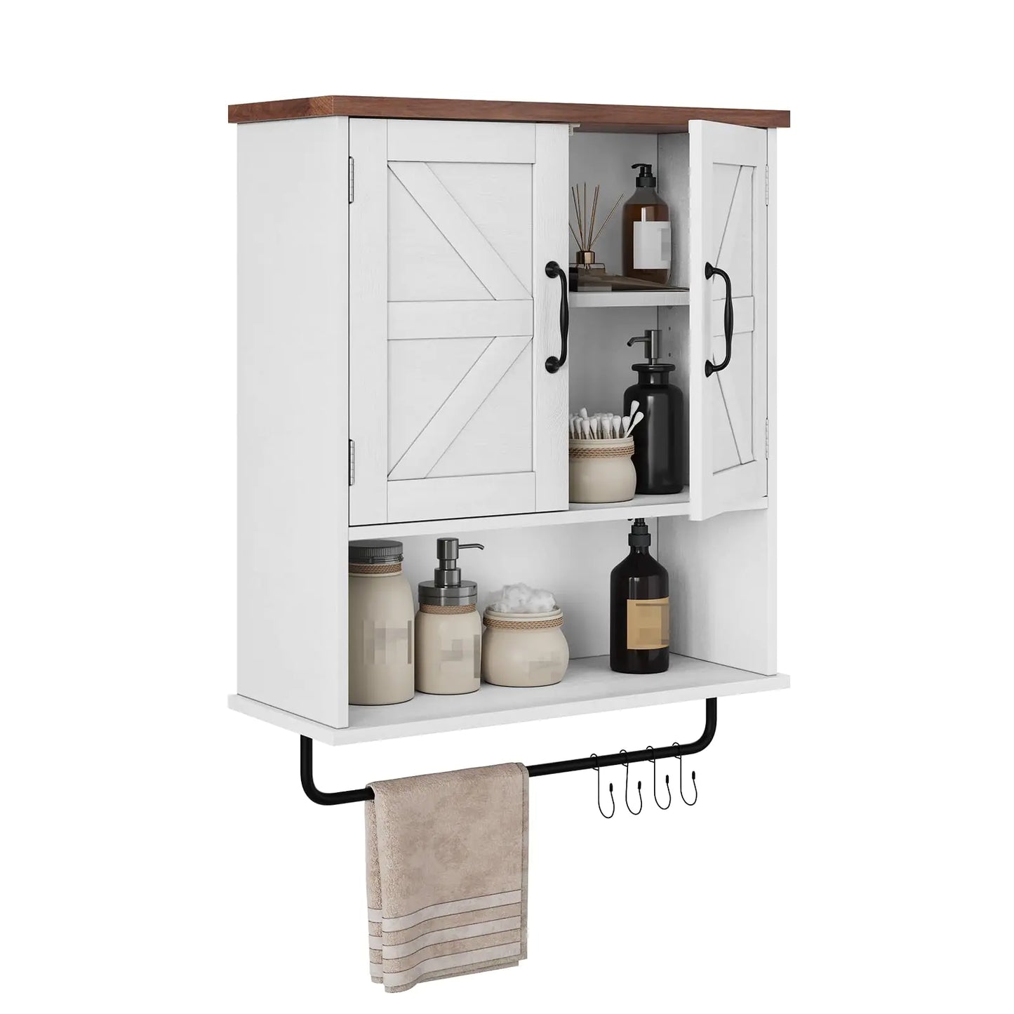 Smart FENDEE Bathroom Wall Cabinet Farmhouse Medicine Cabinet with Towel Bar & Hooks Wall Mounted Cabinet with Adjustable Shelf White Bathroom Cabinet Wall Mount for Laundry