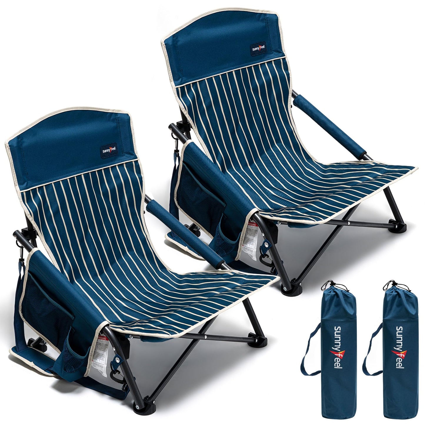 SUNNYFEEL Folding Low Camping Beach Chair 2 Pack Portable Backpacking Chairs with Cup HolderCarry Bag Compact & Heavy Duty for Adults 300 LBS for Outdoor Picnic Fishing Sand Lawn