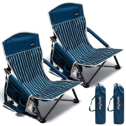 SUNNYFEEL Folding Low Camping Beach Chair 2 Pack Portable Backpacking Chairs with Cup HolderCarry Bag Compact & Heavy Duty for Adults 300 LBS for Outdoor Picnic Fishing Sand Lawn
