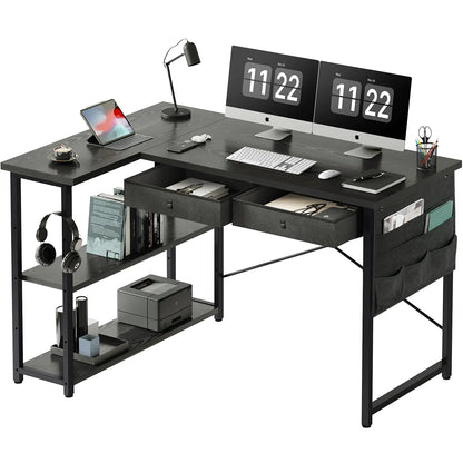 Ｍａｉｈａｉｌ Maihail Home Office Desk with Drawers and Shelves 47” Computer Corner Desk for Small Space Small L Shaped Desk with Side Storage for Bedroom Black
