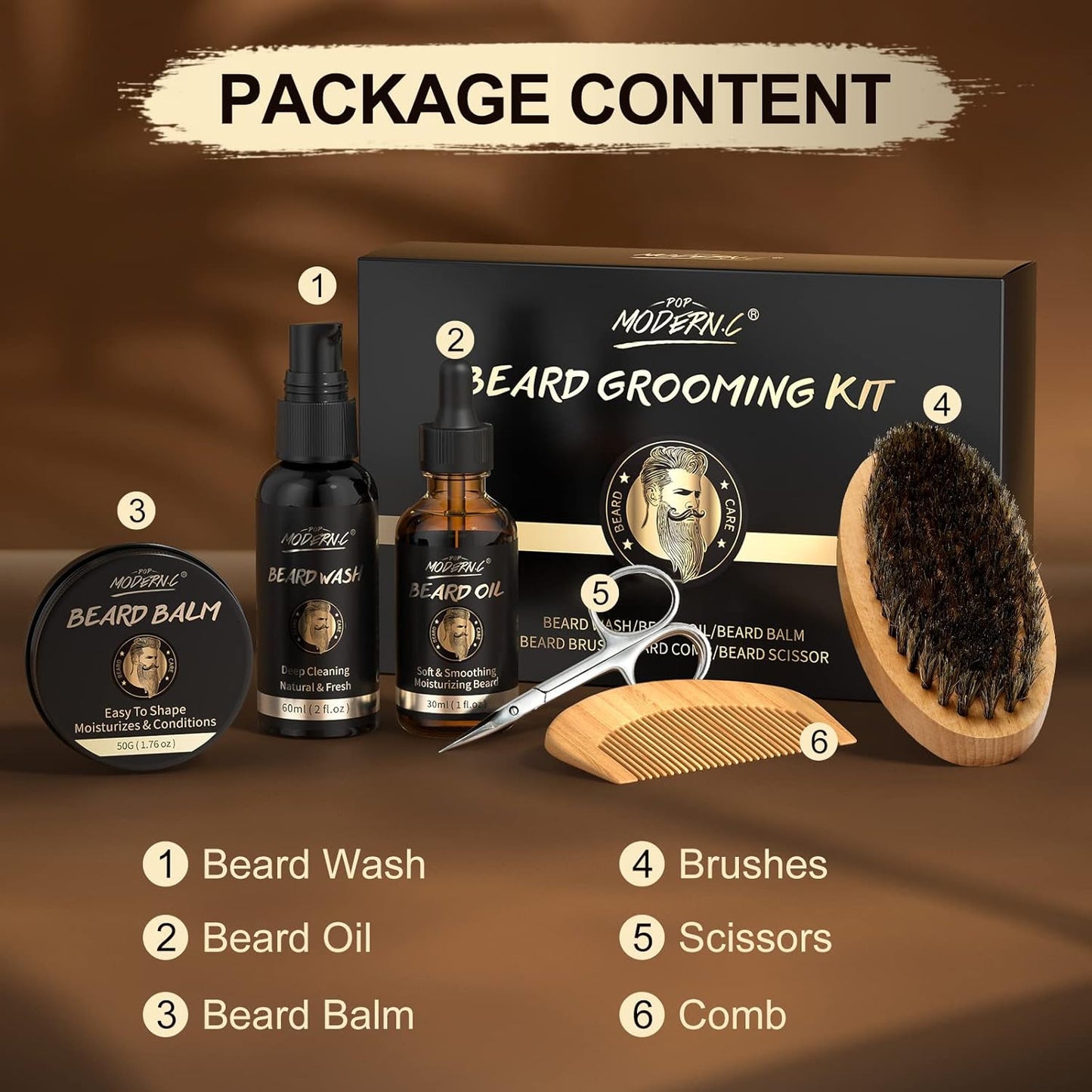 💧 Beard Wash + Oil + Balm + Grooming Tools Set