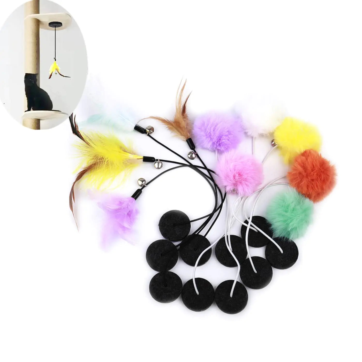 SHENGOCASE 10-Pack Cat Tree Tower Replacement Hanging Ball Feather Toy with Adhesive Tapes Cat Toy for Cat Furniture