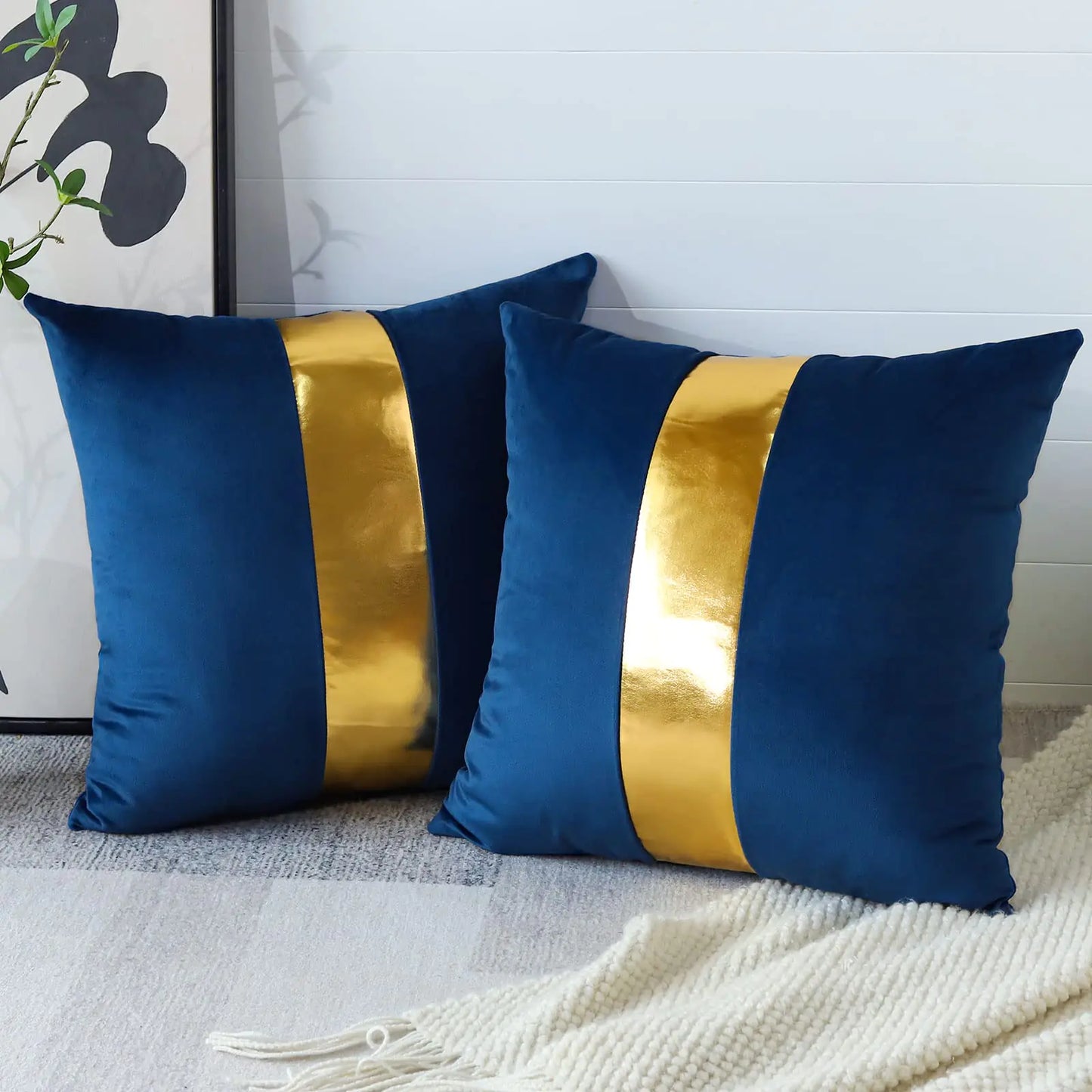 Artscope Navy Blue Velvet Throw Pillow Covers with Gold Leather Stitching Luxury Modern Minimalist Square Pillowcase Cushion Covers for Bed Couch Sofa 20x20Inch Set of 2