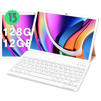 2025 Tablet Android 13 10 inch Tablet with 12GB RAM + 128GB ROM Octa-Core (1TB TF) | WiFi 5G | FHD | BT5.0 | GPS | 8000mAh Battery | 8+5MP | Metal Body Tablet with Keyboard Mouse Gold