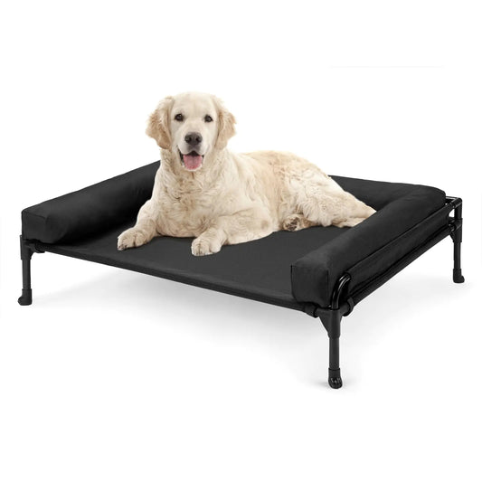 Veehoo Elevated Raised Dog Bed-Cooling Outdoor Dog Cot Bed for Large Sized Dogs Three-Sided Fence Raised Pet Cot with Mesh & No-Slip Feet Dog Hammock Bed with Removable Bolster-35 x 22" Black