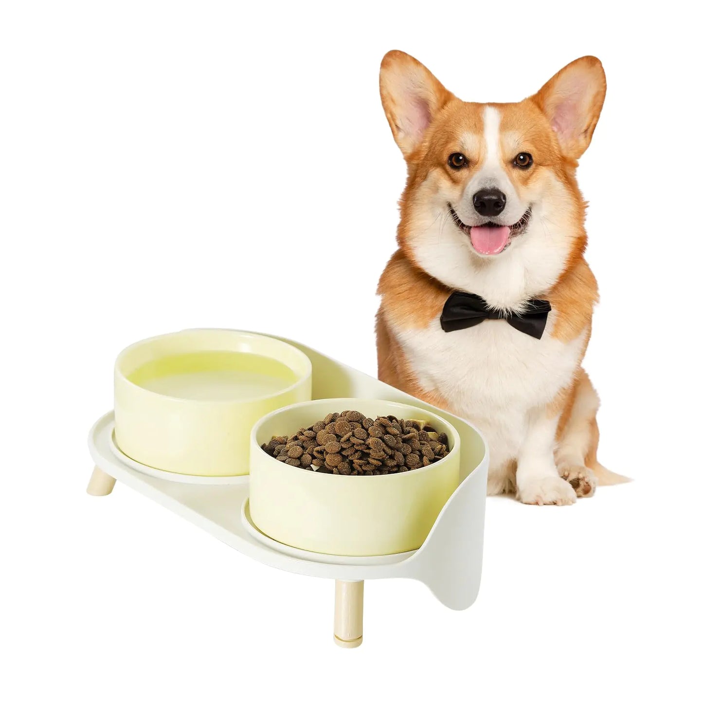 Elevated Ceramic Dog Bowl Set - Double Dog Bowls with Splash Proof Stand - Dog Food and Water Bowl Set - Candy Color Dog Dishes - Suitable for Small and Medium Sized Dogs - 2 Cups (23 fl oz) - Yellow