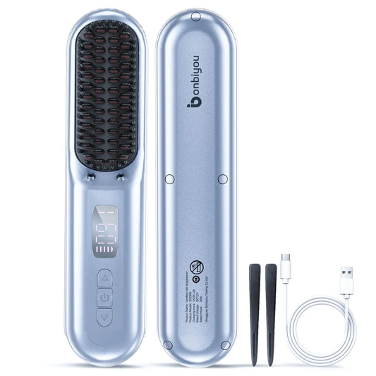 Bonbiyou Cordless Hair Straightener Brush-2024PRO Portable Rechargeable Straightening Brush for Travel/Home/Outdoor Mini Ionic Hot Comb Straightener for Women Lightweight On-The-Go Styling