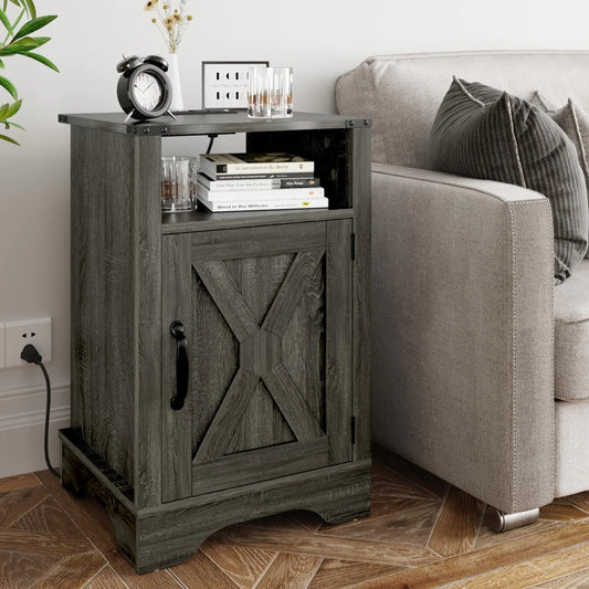 RoyalCraft Farmhouse Nightstand Grey End Table with Charging Station Tall Bedside Table with Large Storage Room and Shelf Wooden Rustic Side Table for Bedroom Home Office Dark Grey