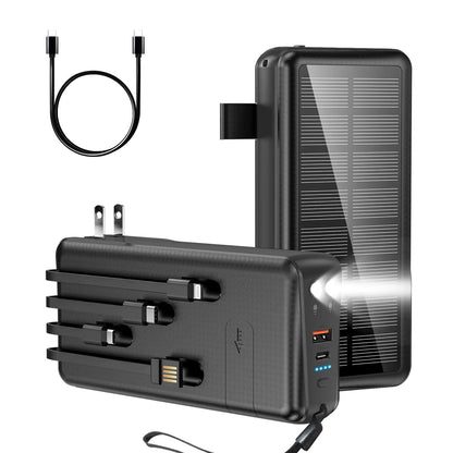 boogostore Portable Charger with Built in Cable and Wall Plug 50000mAh PD30W Fast Charging Solar Power Bank with 5 Output & 2 Input Dual LED Flashlights Phone Holder External Battery Pack (Black)