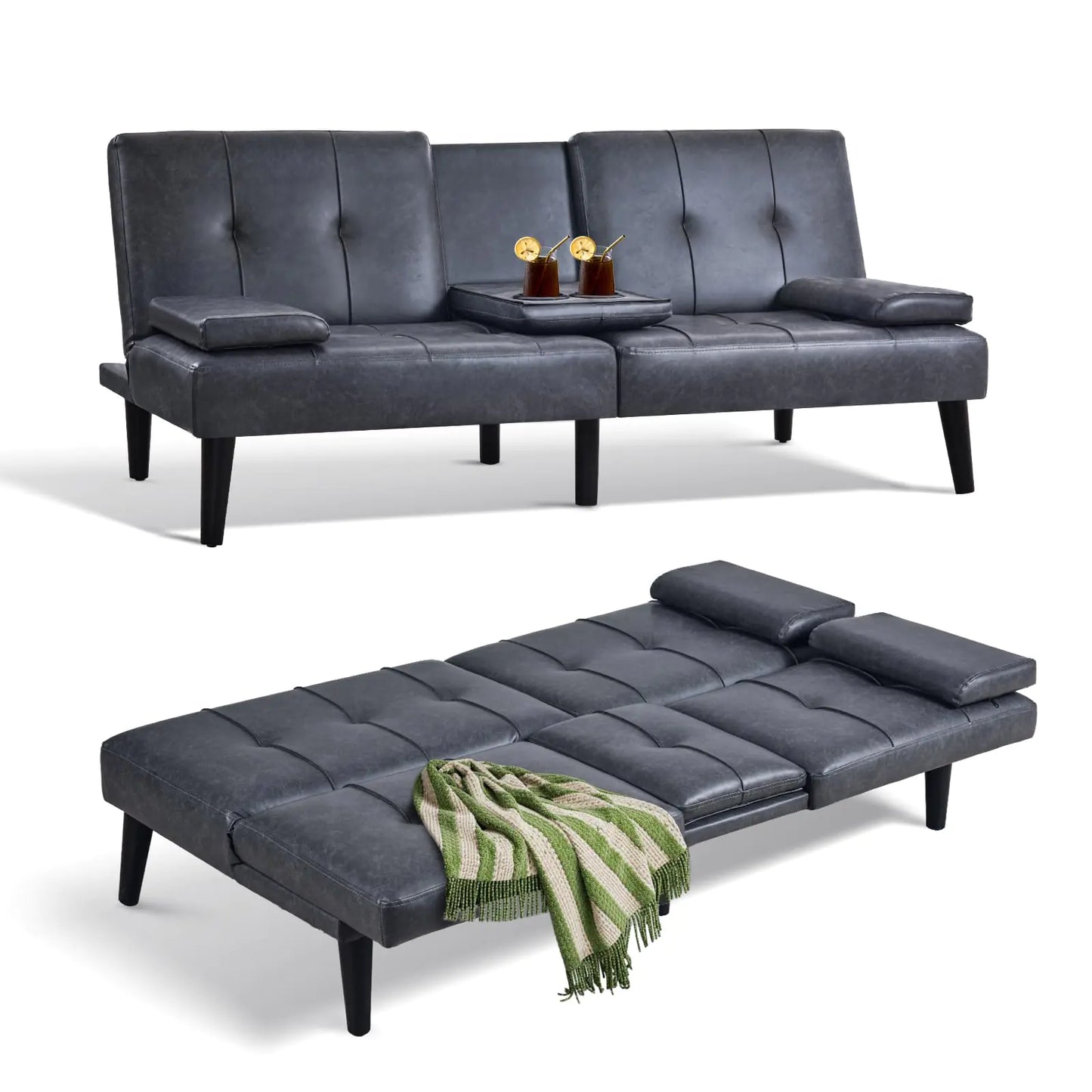 COLAMY Futon Sofa Bed-Leather Small Futon Couch Futon Lounge Sofa Futon Convertible with Cup Holder Removable Armrest Adjustable Backrest Darkgrey