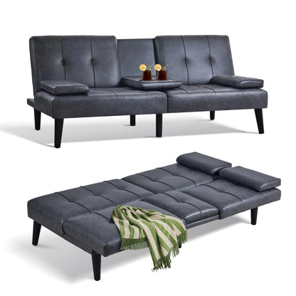 COLAMY Futon Sofa Bed-Leather Small Futon Couch Futon Lounge Sofa Futon Convertible with Cup Holder Removable Armrest Adjustable Backrest Darkgrey