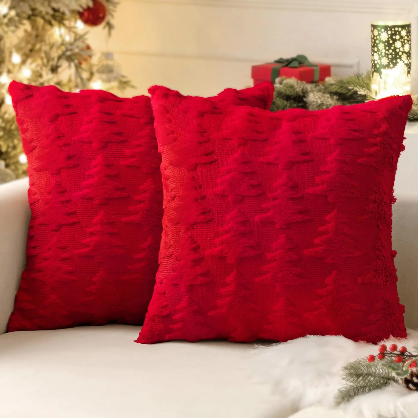 MIULEE Red Throw Pillow Covers Christmas Tree Decorative Pillow Covers 16x16 Inch Soft Plush Faux Wool Pillow Covers Set of 2 Farmhouse Couch Pillows Home Decors for Winter Sofa Livingroom Bed
