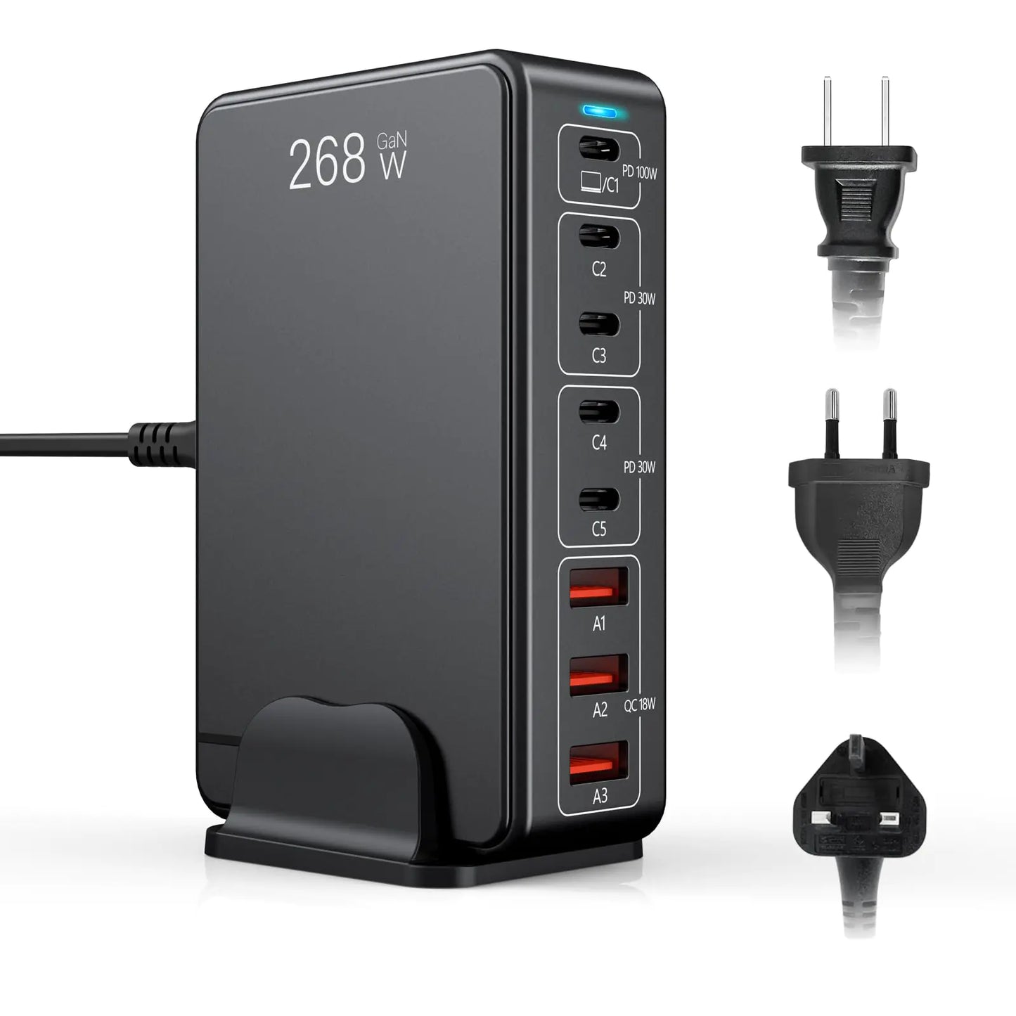 268W USB C Charger Portable Travel 3rd GaN Charger 8-Port Fast Charging Station Multi Port USB Charger PD100W Laptop Charger Compatible with MacBookPro Dell XPS Surface HP iPad iPhone Galaxy etc