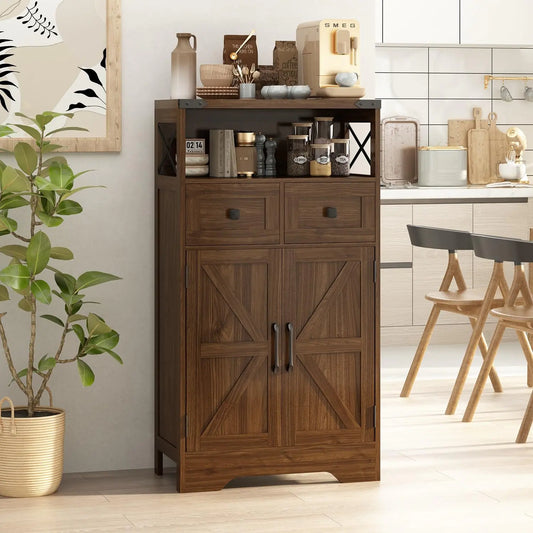 Farmhouse Kitchen Storage Cabinet Bathroom Floor Cabinet with 2 Drawers Barn Door and Shelf Pantry Hutch Sideboard Cabinet for Coffee StationDining RoomLiving Room and Hallway Rustic Brown