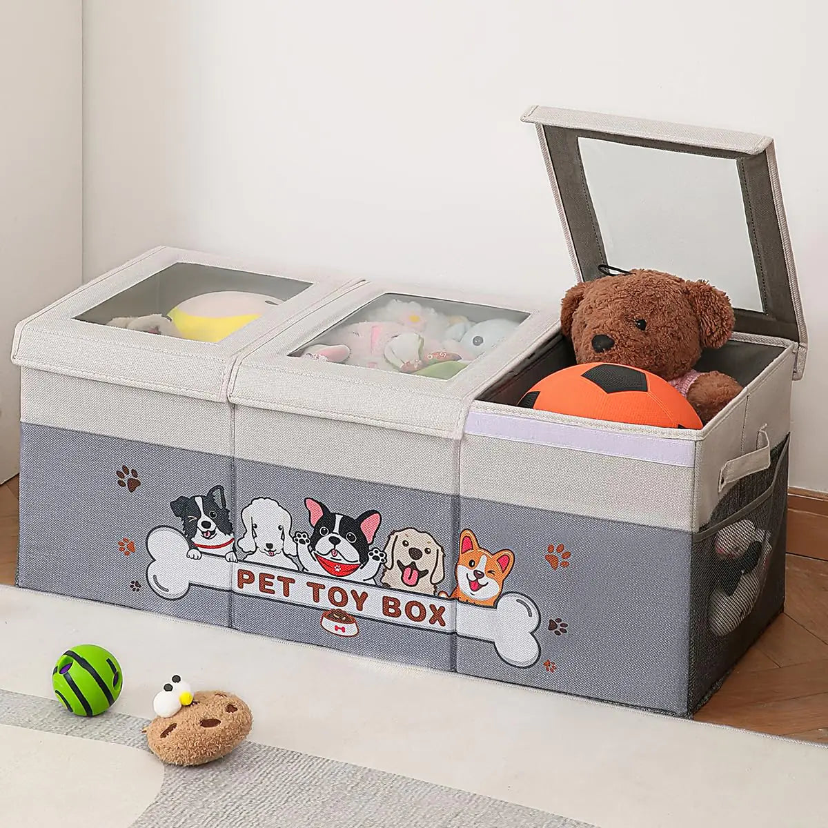Garlloupath Dustproof Dog Toy Box With Transparent Lid 3 Grids Dog Toy Bin Extra Large Dog Toy Storage Holder Container Foldable Dog Toy Chest