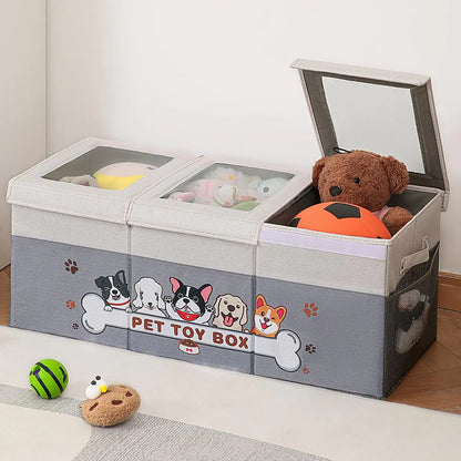 Garlloupath Dustproof Dog Toy Box With Transparent Lid 3 Grids Dog Toy Bin Extra Large Dog Toy Storage Holder Container Foldable Dog Toy Chest