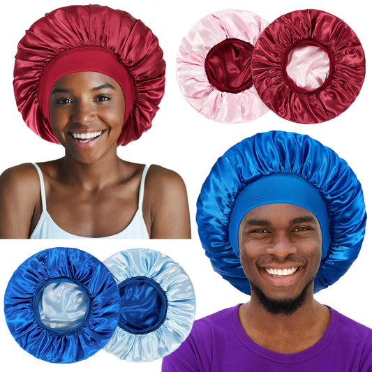 2pcs Bonnet for Men Bonnets for Black Women Satin Bonnet Silk Bonnet for Sleeping Silk Hair Bonnet for Sleeping Reversible Double Layer Wide Band Bonnet Sleep Cap Night Cap Bonnet for Curly Hair